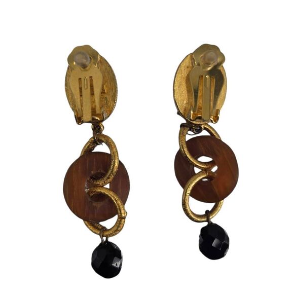 Vintage 80s Natori Clip-On Earrings | Cat Eye Cabochon Resin Rings & Black Drop - Picture 2 of 4